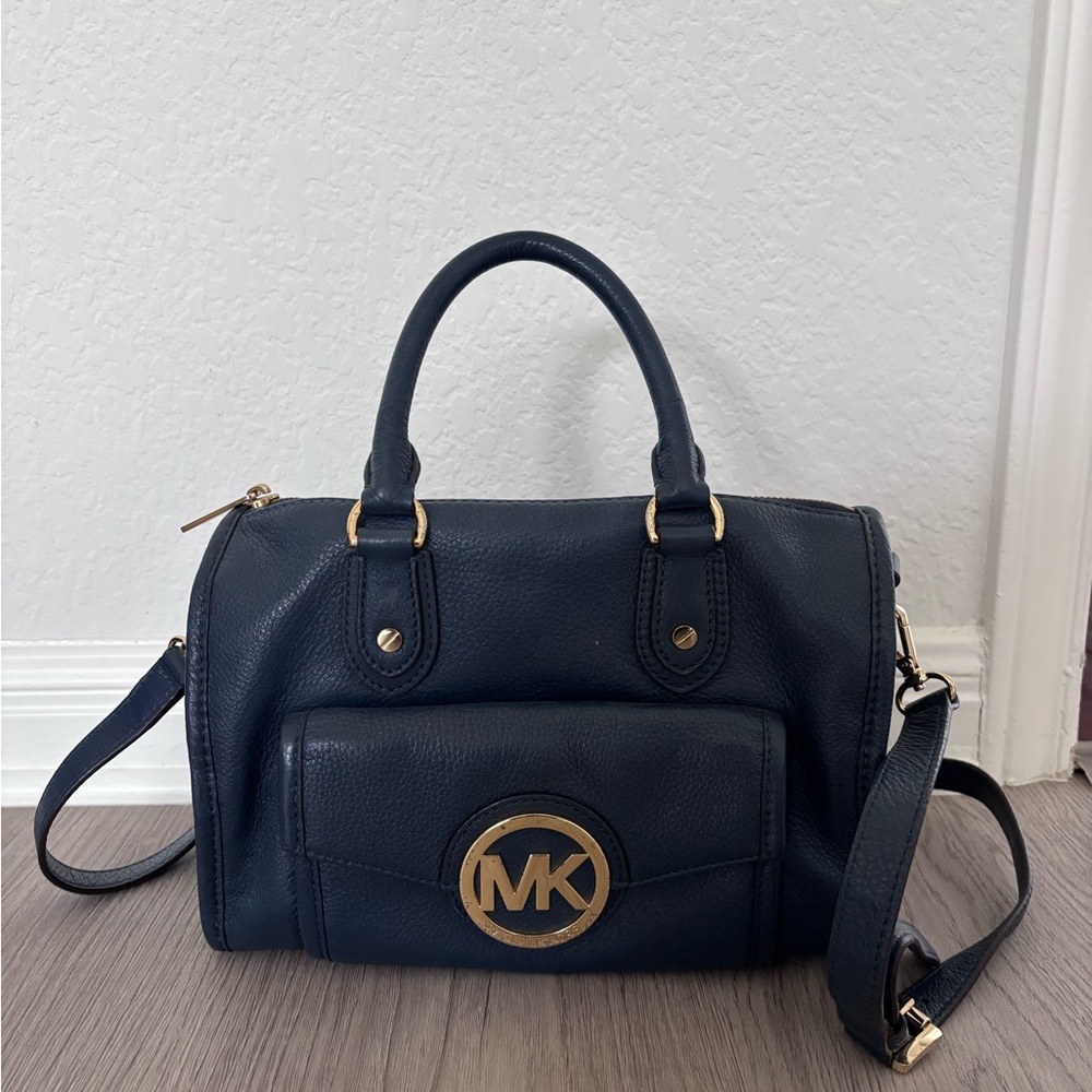 Michael Kors Margot Navy Dark Blue Satchel with Gold Accents